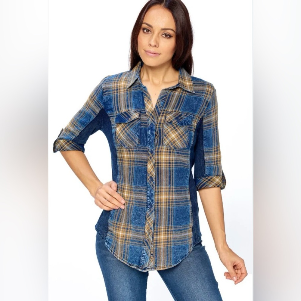 CI SONO Striped Blue and Yellow Plaid Top Size M